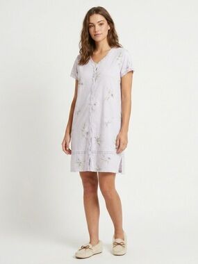 Aria Nightgown Button Front Lace Trim Floral Cotton Light Purple Large